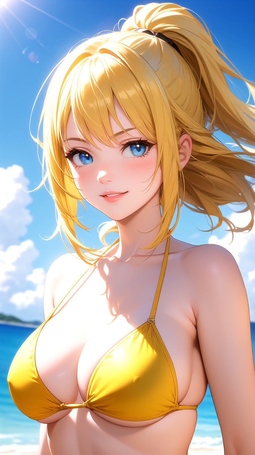 (masterpiece, best quality), intricate details, 1girl, beautiful girl, Golden yellow hair, sky blue eyes, sharp jawline, bikini, messy hair, plump lips, upper body, smirk