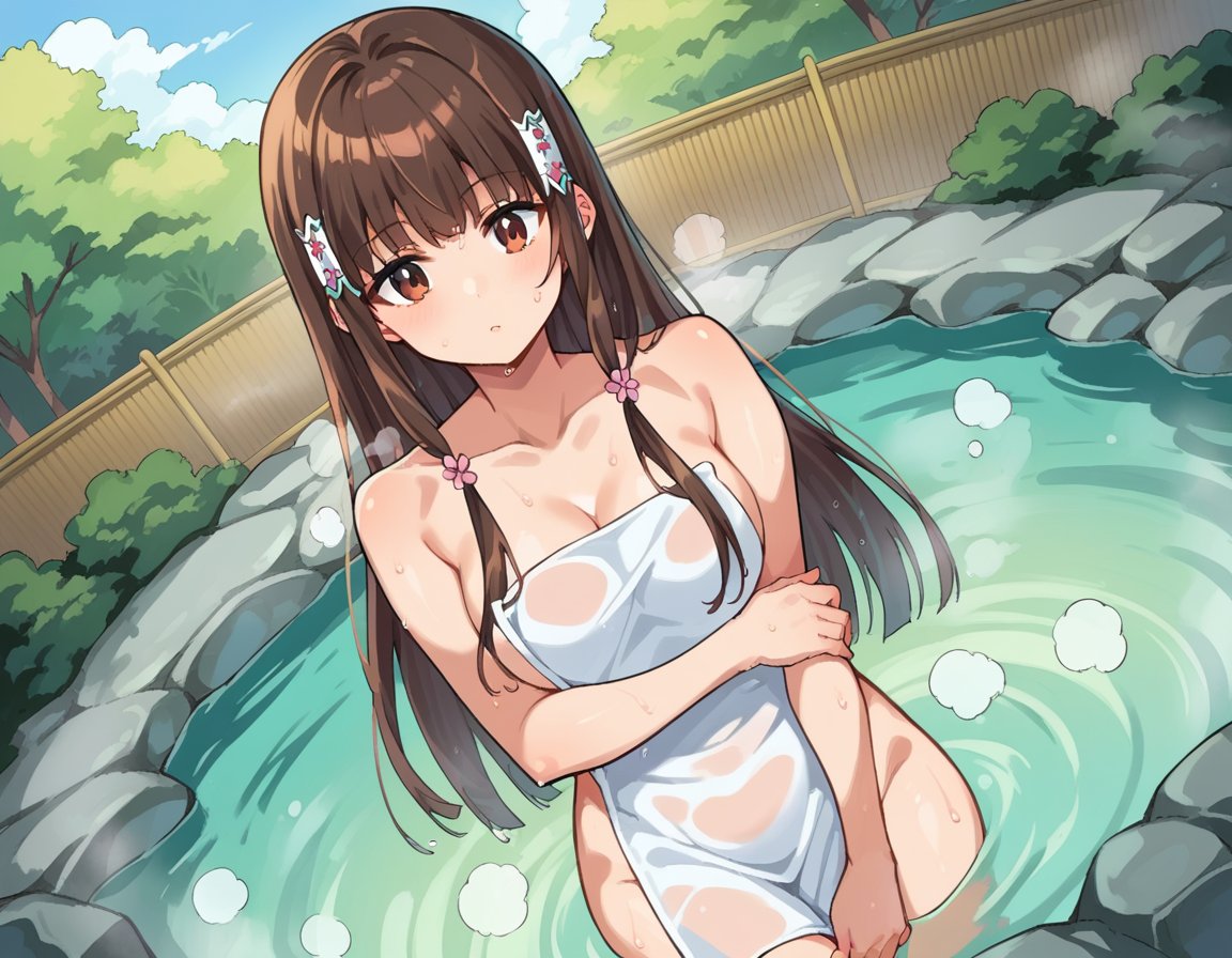 score_9, score_8_up, score_7_up, source_anime,koborii, <lora:koborii-ponyxl-lora-nochekaiser:1>koborii, brown eyes, brown hair, long hair, hair flower, hair ornament, sidelocks,nude, naked, outdoors, onsen, towel, naked towel, steam, bathing, nude cover, partially submerged, water, bath, steam censor, wet towel,looking at viewer, dutch angle, cowboy shot