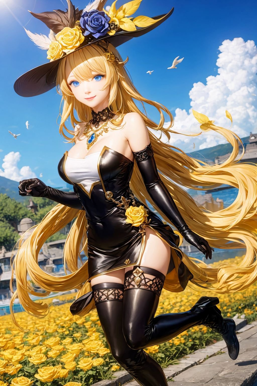 best quality,masterpiece,highres,cinematic lighting,wallpaper,absurdres,Navia,1girl,solo,long hair,breasts,smile,bangs,blue eyes,blonde hair,large breasts,thighhighs,gloves,hat,dress,cleavage,bare shoulders,jewelry,medium breasts,very long hair,closed mouth,flower,boots,outdoors,sky,day,black gloves,elbow gloves,black thighhighs,cloud,necklace,black footwear,black dress,blue sky,zettai ryouiki,black headwear,strapless,rose,animal,thigh boots,short dress,cat,strapless dress,yellow flower,hat feather,gold,yellow rose,