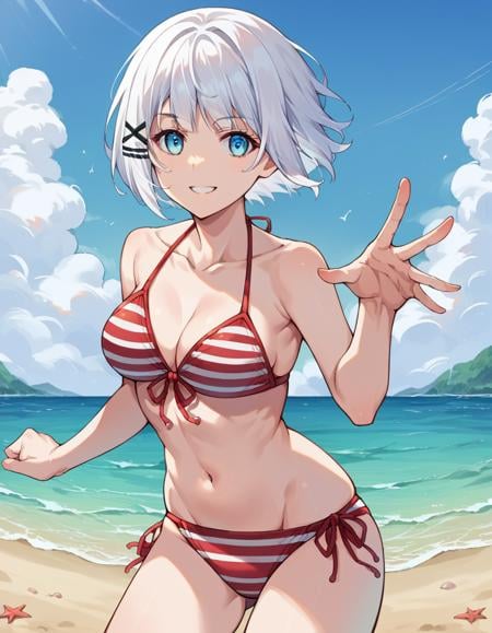 score_9, score_8_up, score_7_up, source_anime,siesta, <lora:siesta-ponyxl-lora-nochekaiser:1>,siesta, short hair, bangs, blue eyes, hair ornament, white hair, hairclip, smile,bikini, striped bikini, red bikini, navel, collarbone,outdoors, beach,looking at viewer, cowboy shot, dynamic pose,