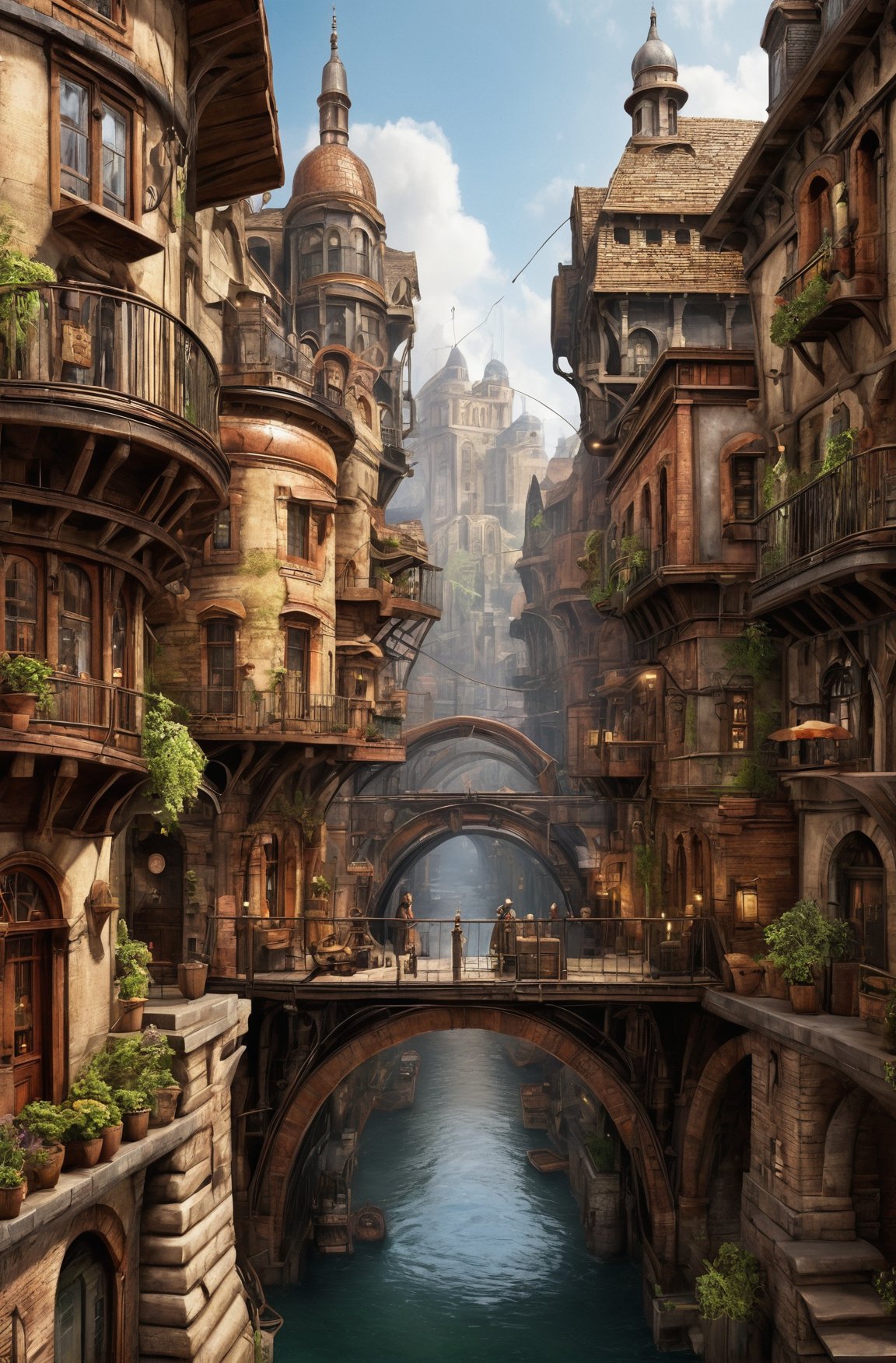 ((masterpiece)),((best quality)),((high detial)),((realistic,)) Industrial age city, deep canyons in the middle, architectural streets, bazaars, Bridges, rainy days, steampunk, European architecture 