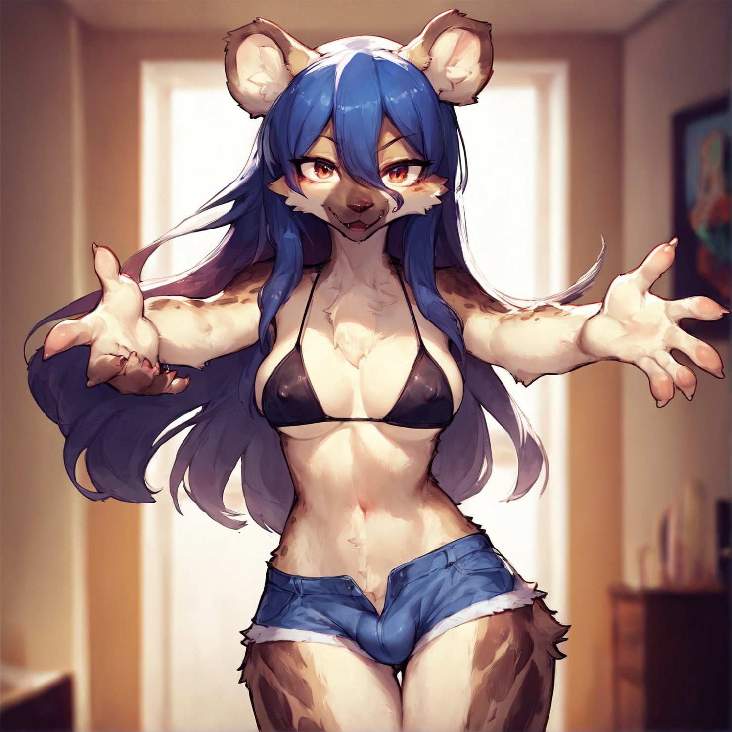 score_9, score_8_up, score_7_up, score_6_up, source_furry, rating_explicit,furry, tall, (kemono:0.9), female, solo,BREAKthin eyebrows,brown eyes,long hair, detailed hair, translucent hair,detailed fur, detailed fur texture,medium breasts,black bikini top, hotpants, no underwear,(bulge:0.8), incoming, reaching towards viewer, reaching out,confident, looking at viewer, teasing, seducing,BREAKbedroom, inside,elza,<lora:elza5-000017:0.9:lbw=0,1,1,1,0,0,1,1,1,1,0,0>