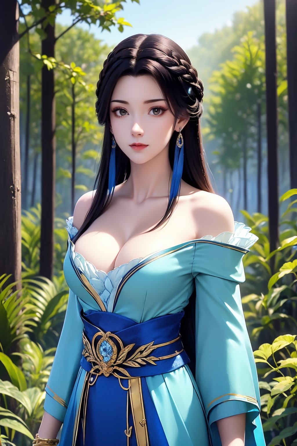 1girl, solo, jewelry, long hair, earrings, upper body, looking at viewer, dress, breasts, bare shoulders, black hair, off shoulder, sash, collarbone, closed mouth, brown hair, long sleeves, blue dress, nature, outdoors, expressionless, bracelet, cleavage, lips, braid, leaf, blurry, forest