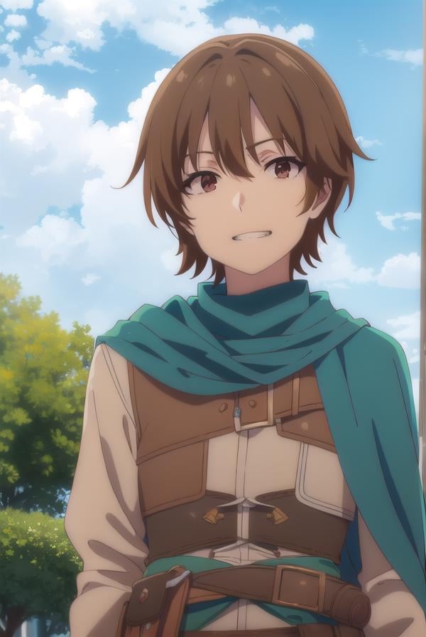 keyaru, <lora:keyaru s1-lora-nochekaiser:1>,keyaru, short hair, (brown eyes:1.5), brown hair, male focus, smile, grin,BREAK cape, armor,BREAK outdoors, forest, nature, grass, trees, sun, sky, clouds,BREAK looking at viewer, (cowboy shot:1.5),BREAK <lyco:GoodHands-beta2:1>, (masterpiece:1.2), best quality, high resolution, unity 8k wallpaper, (illustration:0.8), (beautiful detailed eyes:1.6), extremely detailed face, perfect lighting, extremely detailed CG, (perfect hands, perfect anatomy),