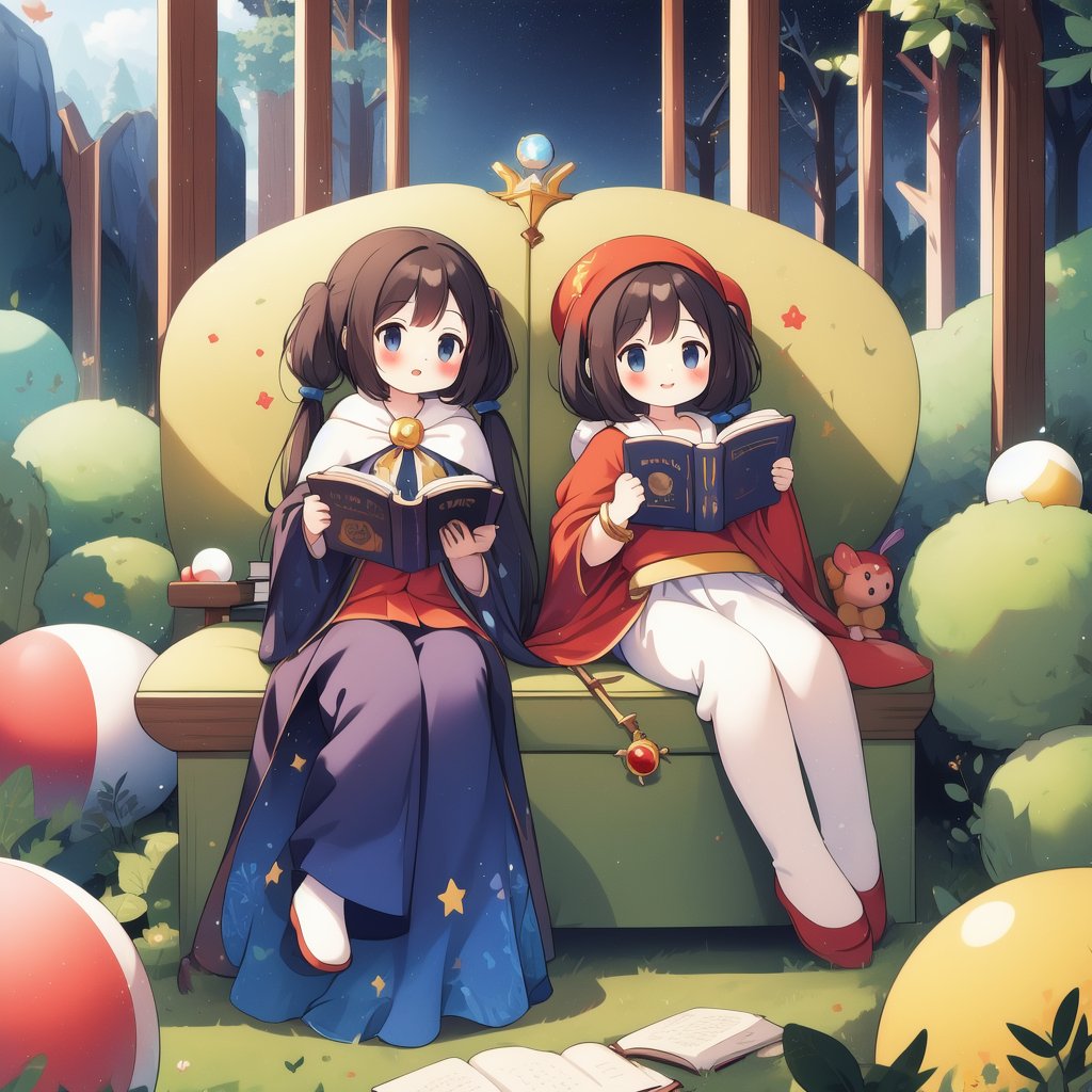 (masterpiece), (best quality), (extremely detailed), photo realistic, ((A magical girl, mage's robe, magical hat, magical staff, small cute plush ball errings, lot of flying objects, pigtails, A charming smile, reading magical casting-spelling book)), between dimensions, magic circle,　starlight, clock tower, fluffy, outdoors, full body, dynamic pose, dynamic angle, wide shot, ,forest,magic circles