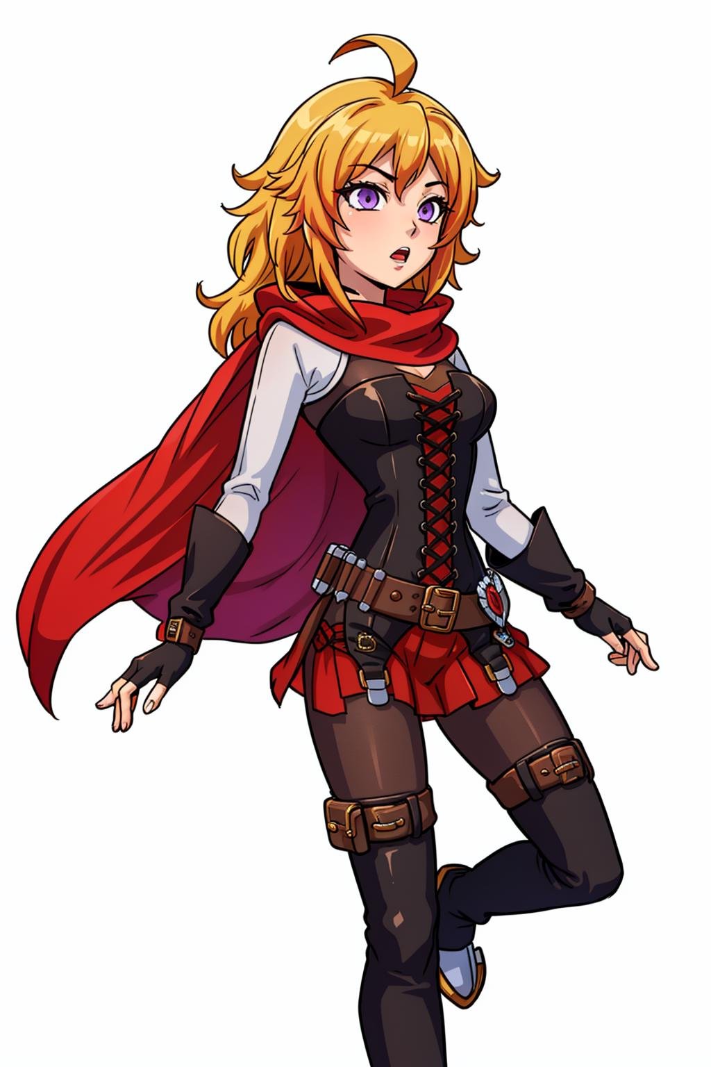 masterpiece,best quality,extremely detailed, <lora:rwby_xiaolong:0.4> yang xiao long,purple eyes,yellow hair,ahoge,long hair, 1girl, solo, <lora:RubyAtlas-05:1> atlasrose, ((red cape)), pantyhose, belt, red skirt, corset, thigh boots, fingerless gloves, simple background, 