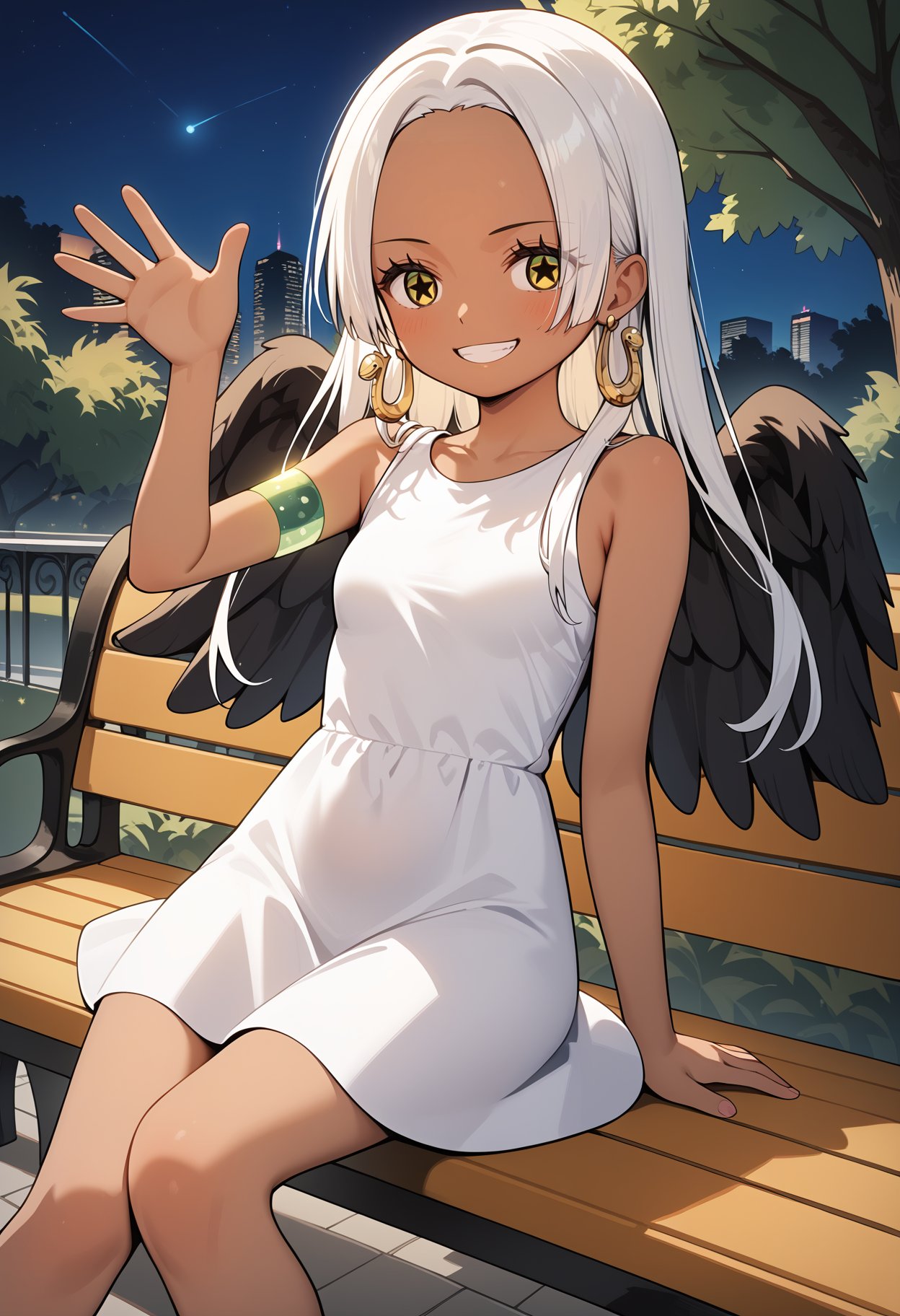 score_9, score_8_up, score_7_up, score_6_up, score_5_up, score_4_up, source_anime, aasnake, long hair, white hair, dark skin, earrings, yellow eyes, symbol-shaped pupils, black wings, small breasts. sundress, white dress, sleeveless, armlet, <lora:s-snake_ponyxl_v1:0.9>, sitting, waving, smile, bench, park, night, 