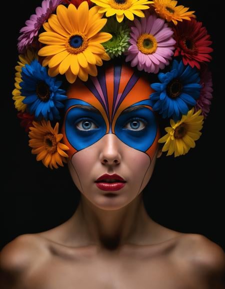 award winning photograph of a mysterious woman with a flower in her head,, amazing depth, masterwork, surreal, geometric patterns, bokeh, perfect balanced, deep fine borders, artistic photorealism , smooth,