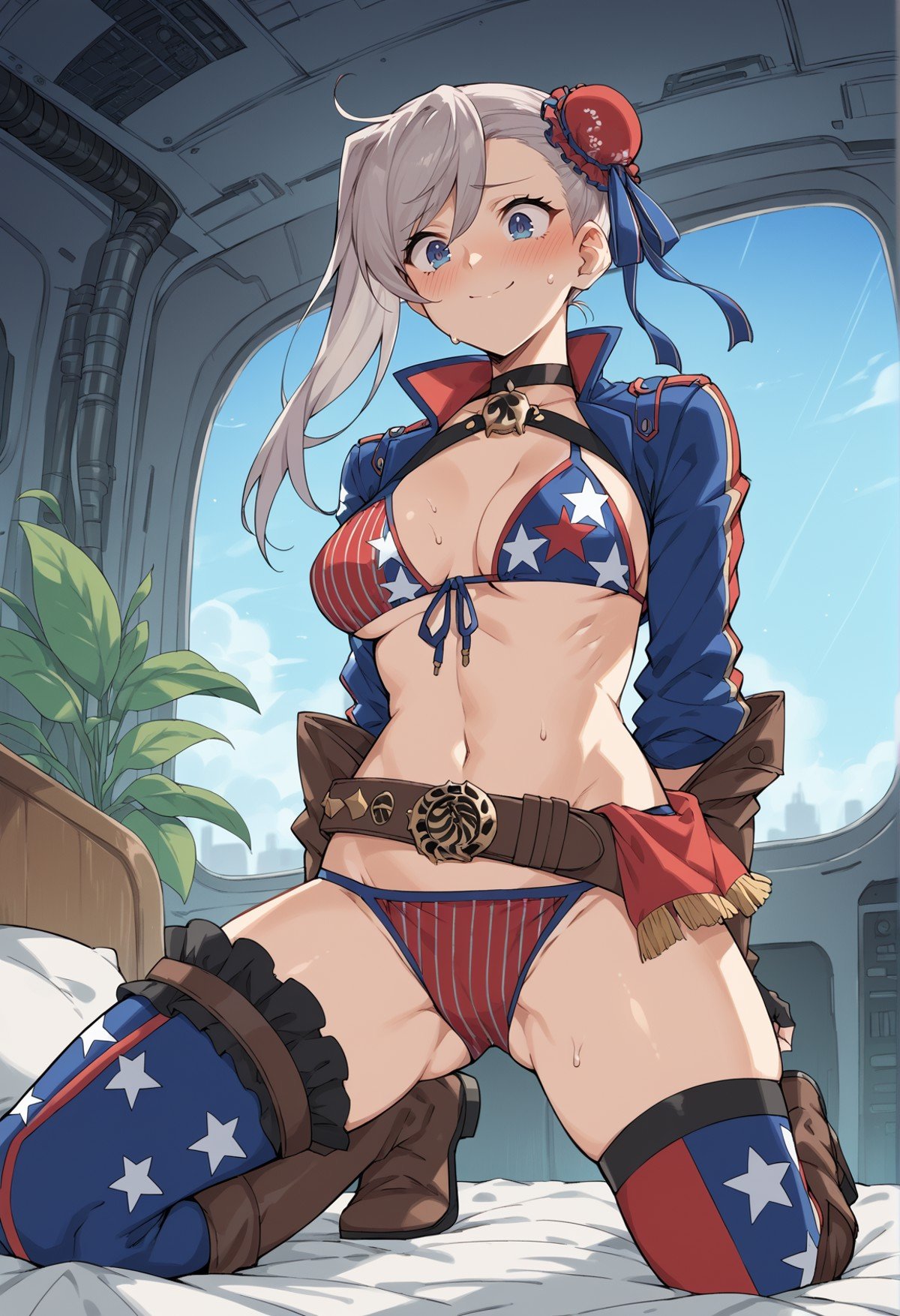 1girl, blue eyes, long hair, grey hair, single sidelock, single hair bun, bun cover, red bun cover, American Flag Bikini, cropped jacket, long sleeves, asymmetrical gloves, fingerless gloves, asymmetrical legwear, asymmetrical footwear, Single Thighhigh, thigh boots, belt, indoors, spacecraft interior, bed, plant, kneeling, nervous smile, blush, sweat, closed mouth, from below <lora:Musashi:1>, score_9, score_8_up, score_7_up, score_6_up, score_5_up, score_4_up, BREAK source_anime, masterpiece