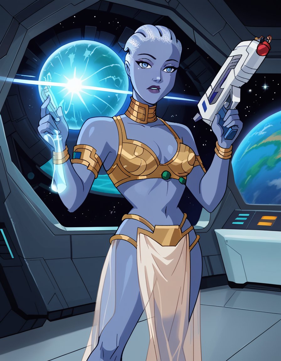 score_9, score_8_up, score_7_up, dcaustyle, liara t'soni, blue skin, blue eyes, gold bikini, neck ring, armlet, pelvic curtain, see-through, spacecraft interior, space, holding energy gun, energy weapon, lens flare, science fiction, retro artstyle, vector illustration