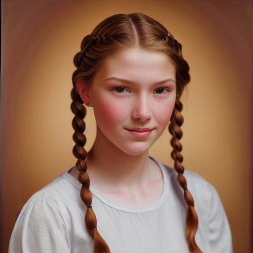 Full-body-length painting of a Young Girl: A slender, 18-year-old girl with dark russet hair tied in double plaits and light brown eyes gazes directly at the camera, exuding confidence.