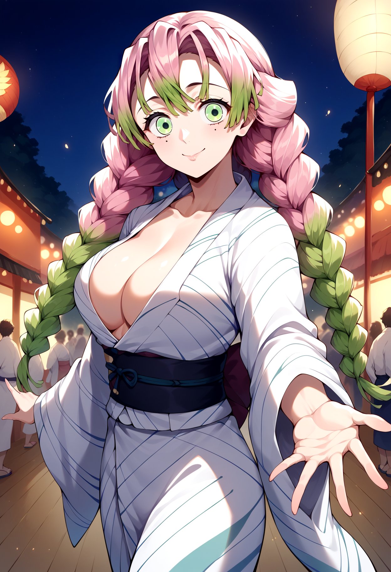 score_9, score_8_up, score_7_up, source_anime, aamitsuri, long hair, braid, multicolored hair, green eyes, mole under eye, large breasts, <lora:kanroji_mitsuri_ponyxl_v1:0.8>, kimono, yukata, obi, summer festival, standing, cowboy shot, smile, closed mouth, night, reaching towards viewer, 