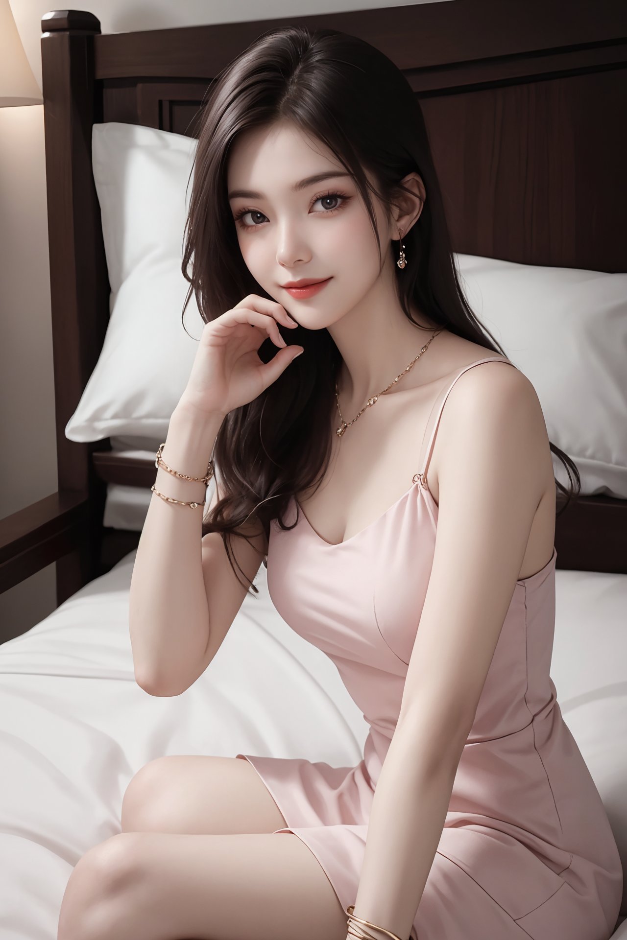 1girl, bed, black hair, bracelet, dress, jewelry, lips, long hair, looking at viewer, pillow, realistic, sitting, smile, solo, watch, wristband, wristwatch <lora:jk美女:0.8>