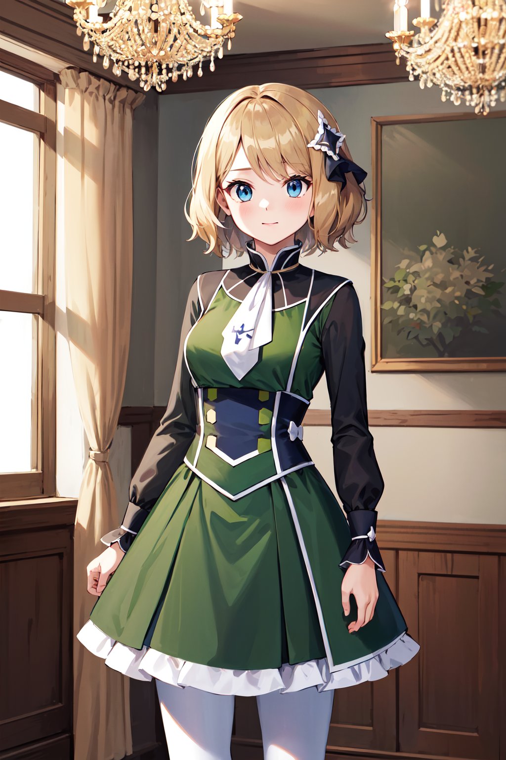 masterpiece, best quality, highres, ddserena, solo, short hair, hair ornament, hair ribbon, eyelashes, blue eyes, white ascot, multicolored dress, black dress, green dress, long sleeves, white pantyhose, <lora:serena_(pokemon)_v2:0.7>, standing, cowboy shot, indoors, chandelier,