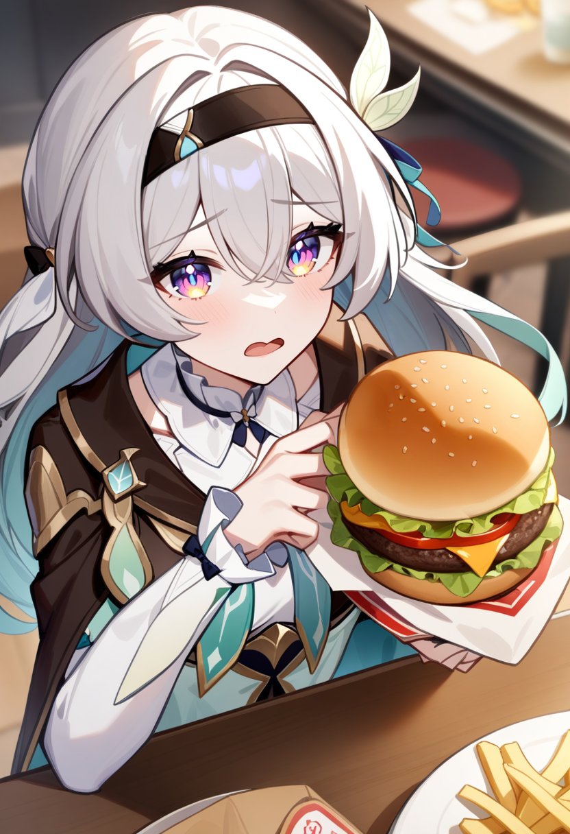 a girl named liuying,liuying,1girl,solo,looking at viewer,holding food,open mouth,black jacket,white shirt,bow,low quality,burger,french fries,table,masterpiece,best quality,(very aesthetic:0),absurdres,<lora:流萤a31:1>,grey hair,