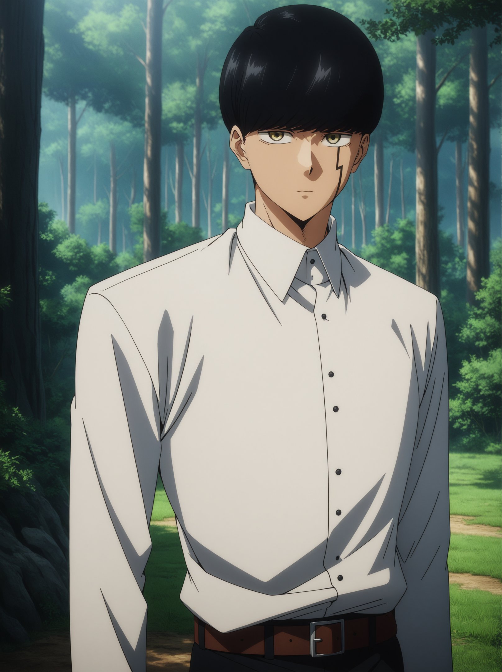 masterpiece, best quality, very aesthetic, ultra detailed, intricate details, 4k, anime style,mashleai, 1boy, solo, male focus, bangs, black hair, yellow eyes, bowl cut, facial tattoo, hair between eyes,shirt, long sleeves, white shirt, collared shirt, belt, pants, suit, mashle, buttons,upper body, looking at viewer, forest, outdoors, tree, sunlight, cloudy, <lora:Mashle_XL:1>