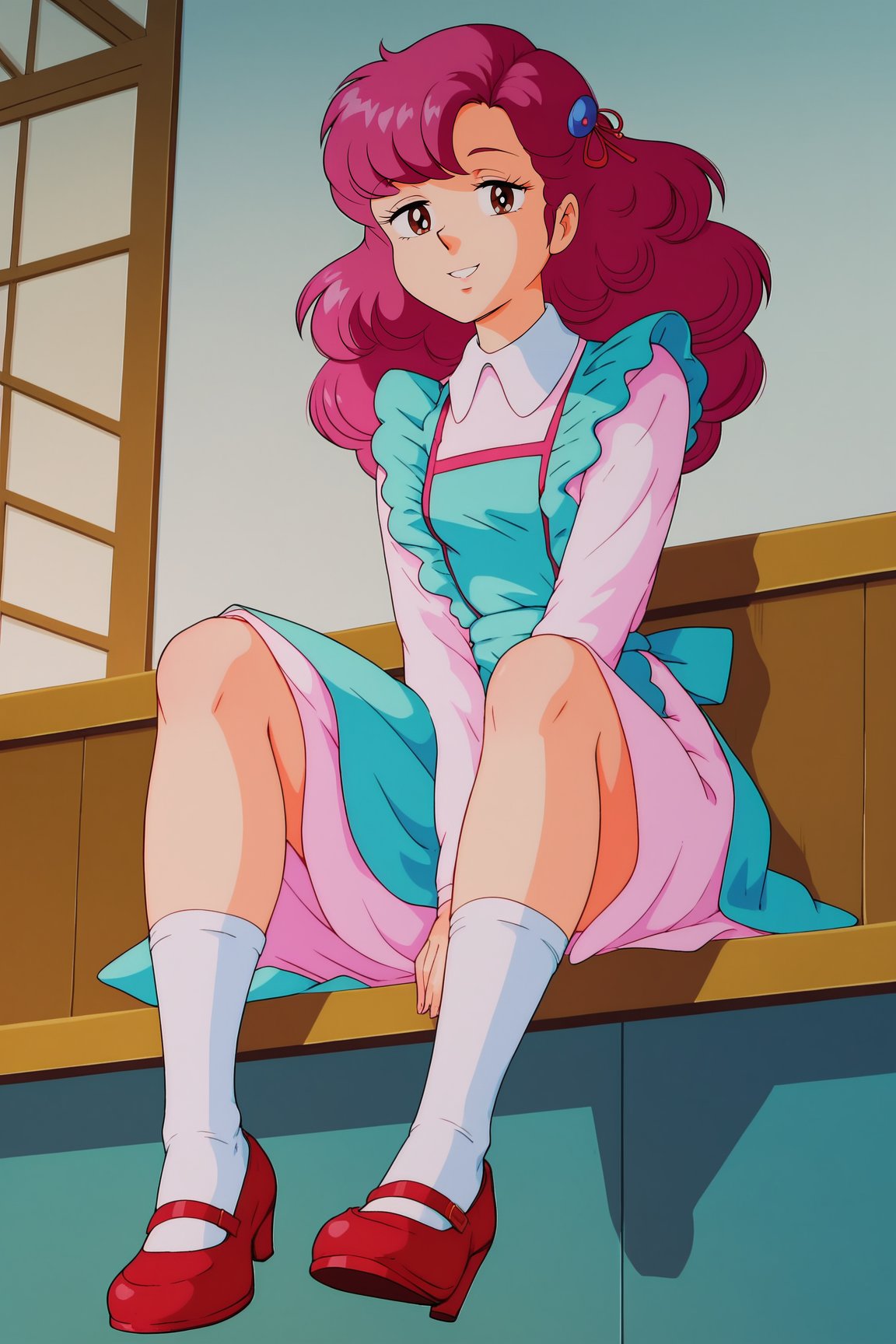 score_9, score_8_up, score_7_up, score_6_up, BREAK, RanUYXL, retro artstyle, brown eyes, pink hair, long hair, bangs, hair ornament, small breasts, white shirt collar, pink dress, long sleeves, aqua apron, white socks, red shoes, solo, full body, sitting, bellow view, seductive smile, looking at viewer, indoors <lora:RanUYXL:1>