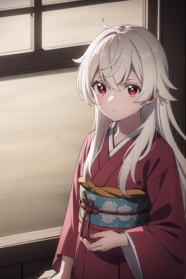 summertimehaine, <lora:summertime haine s1-lora-nochekaiser:1>,haine, long hair, bangs, (red eyes:1.3), white hair,BREAK japanese clothes, kimono, red kimono,BREAK indoors,BREAK looking at viewer,BREAK <lyco:GoodHands-beta2:1>, (masterpiece:1.2), best quality, high resolution, unity 8k wallpaper, (illustration:0.8), (beautiful detailed eyes:1.6), extremely detailed face, perfect lighting, extremely detailed CG, (perfect hands, perfect anatomy),