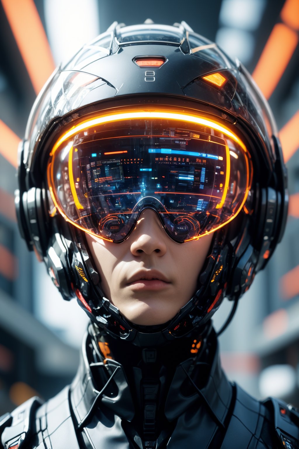 1girl, solo, realistic, science fiction, helmet, cable, cyberpunk, lips, portrait, head-mounted display, blurry, robot, depth of field, blurry background, closed mouth, screen, glowing, facing viewer