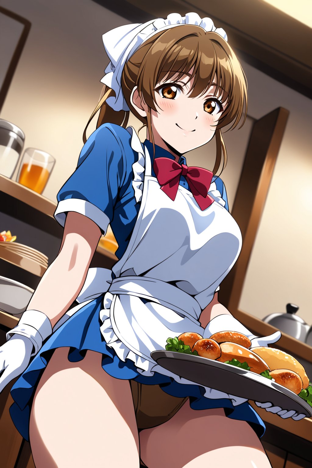 cowboy shot, sunohara shizuka, 1girl, sidelocks, brown eyes, twintails, smile, apron, blue shirt, blue skirt, frilled apron, frills, gloves, head scarf, shirt, short sleeves, skirt, uniform, waist apron, waitress, white apron, white gloves, food, tray, food tray, indoors, restaurant, looking at viewer, dutch angle, cowboy shot, vibrant lighting, high contrast, dramatic shadows, highly detailed, detailed skin, depth of field, masterpiece, best quality, expressive eyes, perfect face, perfect body, beautiful girl, cute girl,<lora:sunohara shizuka aam 728:1>