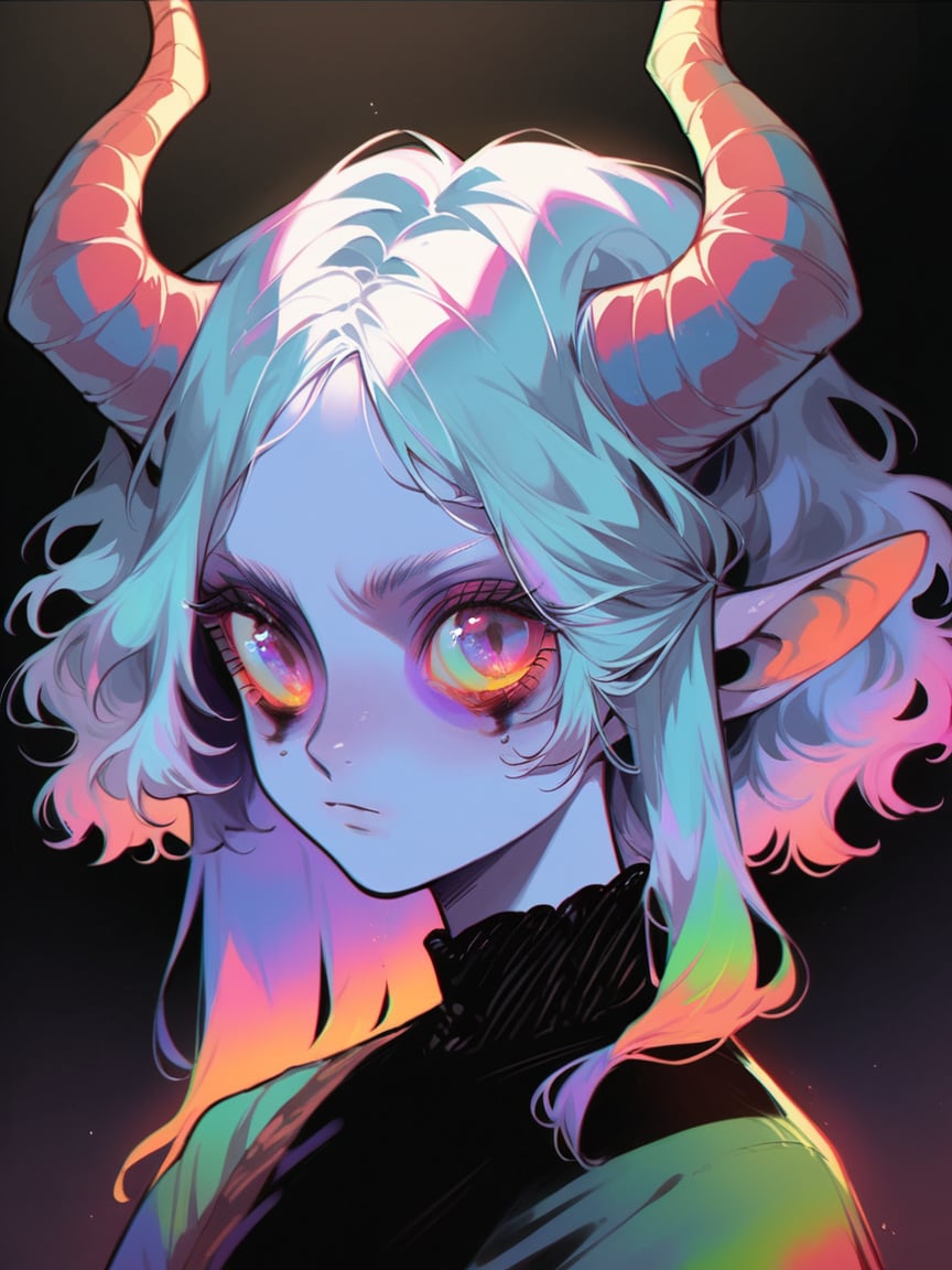 score_9, score_8_up, score_7_up, score_6_up, <lora:1r3gl1XLP:1> 1r3gl1, trippy, 1girl, horns, multicolored hair, colored skin, multicolored eyes, upper body