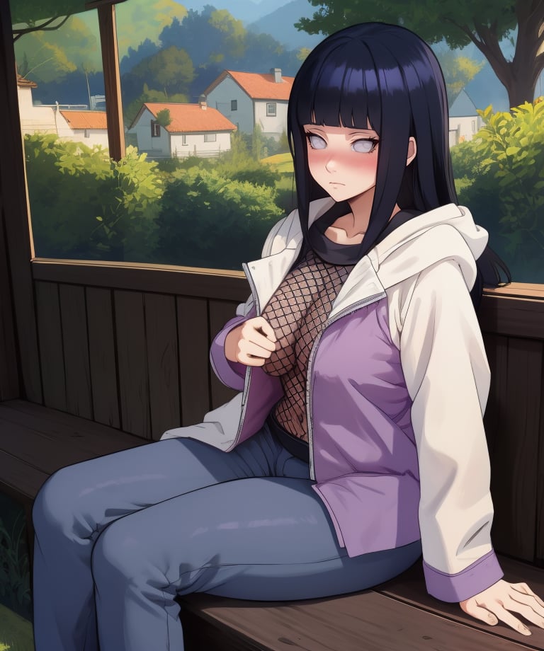 Hinata,black hair,blunt bangs,no pupils,grey eyes,long hair,straight hair,long sleeves,jacket,hood down,chest fishnet,collarbone,pants,sitting,blush,solo,village,(insanely detailed, masterpiece, best quality,),<lora:HinataShip:0.9>,