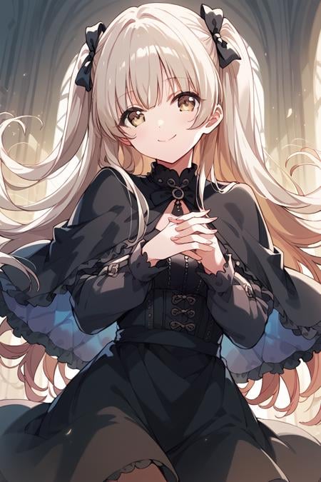 score_9, score_8_up, score_7_up, score_6_up, 1girl,<lora:Shinomiya_KokoaV2:0.9> kokoa, two side up, solo, long hair, smile, black capelet, black skirt, long sleeves, black dress, closed mouth, bangs