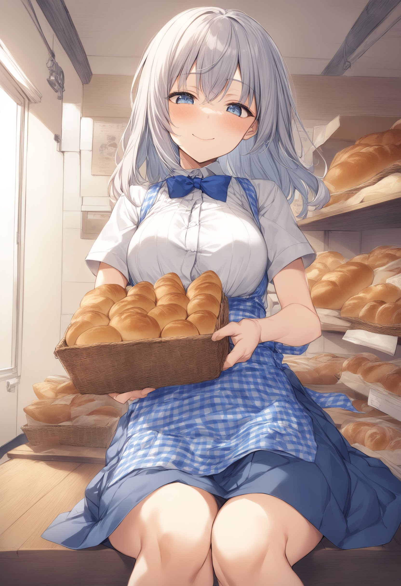 1girl, <lora:sdxl2-flat2-512b:-1>,medium breasts,<lora:kobeyaXLv1:0.8>,kobeya uniform,blue skirt, blue neckwear, gingham apron, Bakery,ceiling, feet out of frame, looking down, teasing smile,  closed mouth,best quality,medium quality,