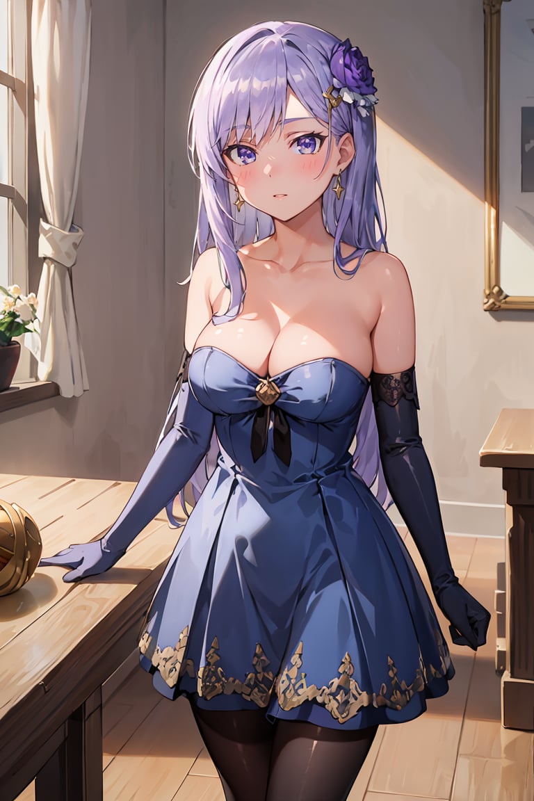 masterpiece, best quality, ultra-detailed, glistening shiny, glowing light, ray tracing, HDR, deph of field, (perfect face, detailed face), <lora:ChristinaBeltrum:0.7>, christinabeltrum, long hair, flower hair ornament, mature female, balroom dress, blue dress, cleavage, collarbone, strapless, elbow gloves, long skirt, black pantyhose, standing, indoors