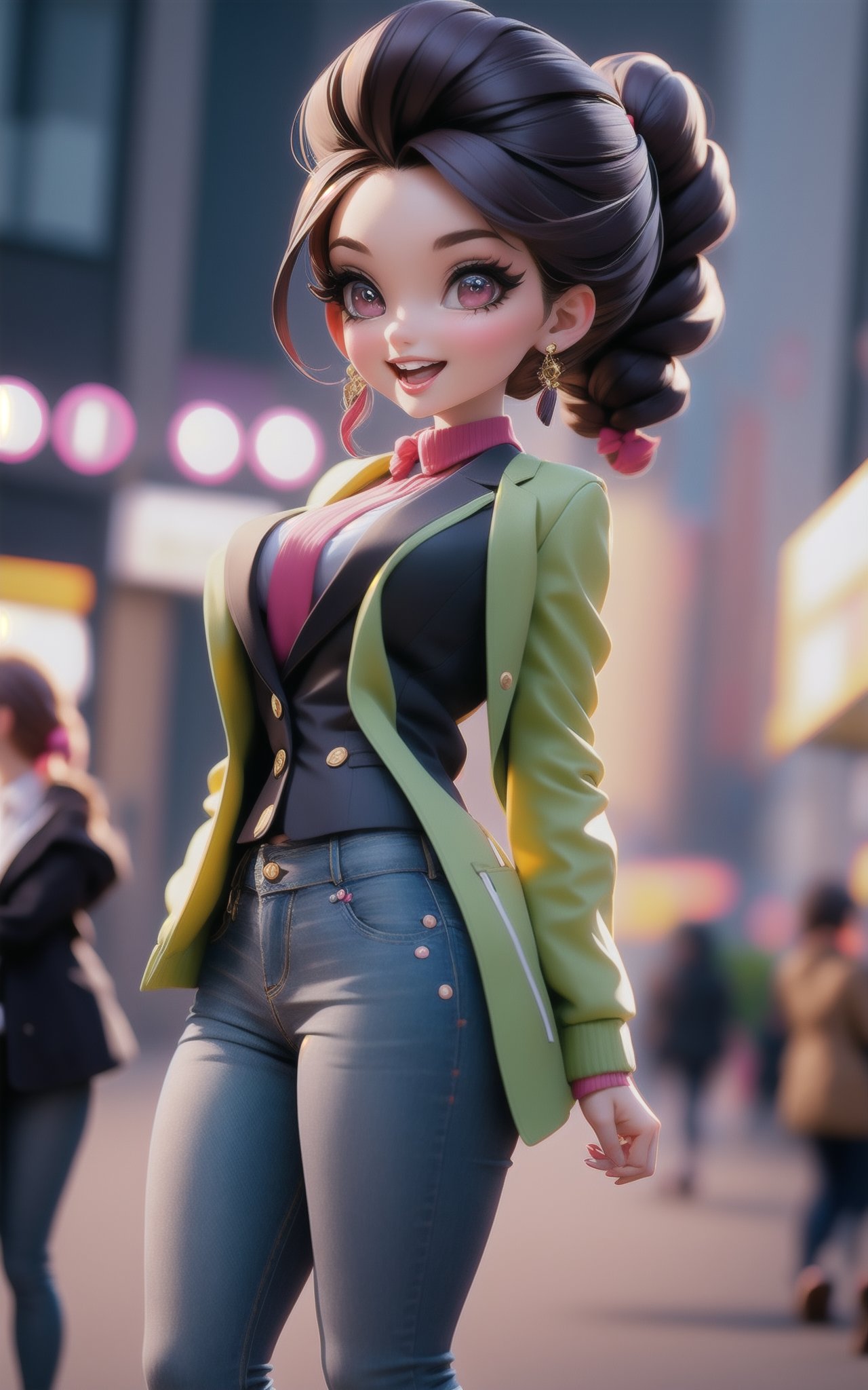 1girl,Short braided hairstyle,A bustling, modern city park during a vibrant, lively pet festival,Oversized blazer and jeans,Flirty facial expression,dynamic attitude,