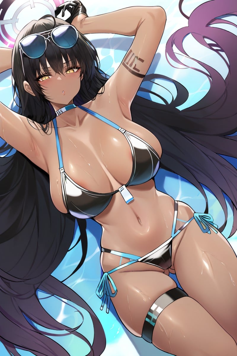 1girl,looking at viewer,blush,bangs,large breasts,black hair,very long hair,swimsuit,yellow eyes,thighs,lying,choker,black gloves,dark skin,on back,armpits,stomach,arms up,dark-skinned female,skindentation,thigh strap,black bikini,side-tie bikini bottom,halo,sunglasses,eyewear on head,karin \(blue archive\)<lora:Dishwasher1910-Style-PonyXL-v1.1-000015:1>