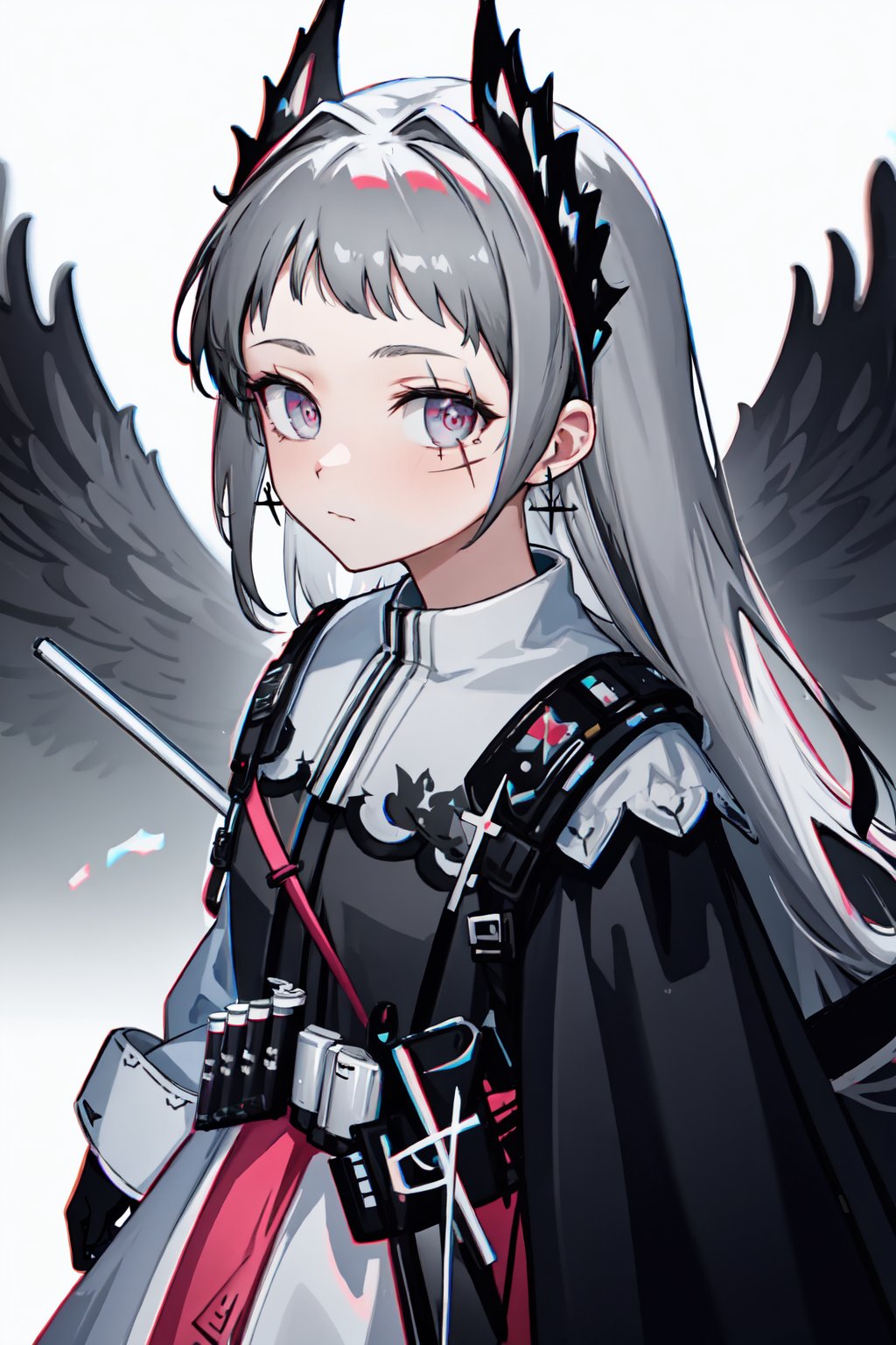 irene_(arknights),solo,head_wings,1girl,scar_across_eye,looking_at_viewer,earrings,black_gloves,long_sleeves,closed_mouth,black_jacket,scar_on_face<lora:irene_(arknights):1>,simple background,white backgroundmasterpiece,best quality, highly detailed, 