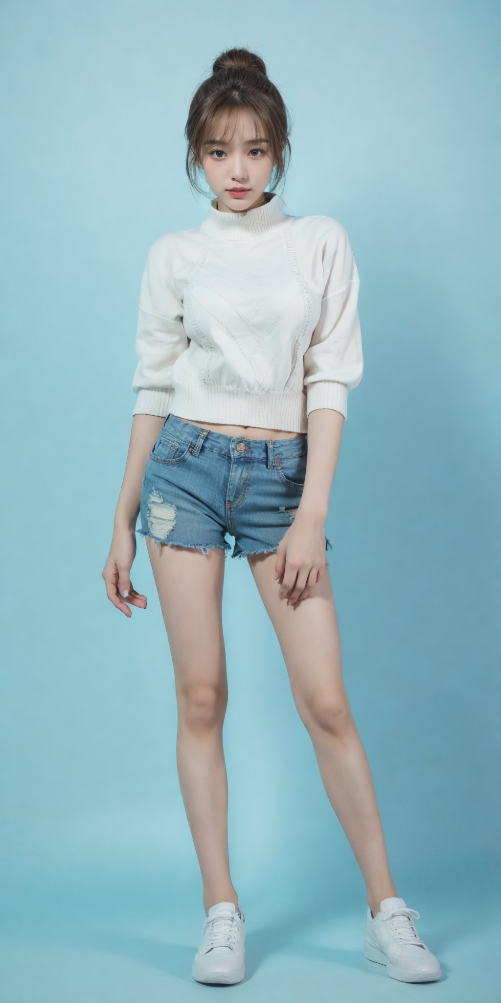 1girl,(standing:1.3),(denim_shorts:1.2),(blue background:1.3),(white sweater:1.2),white sneaker,