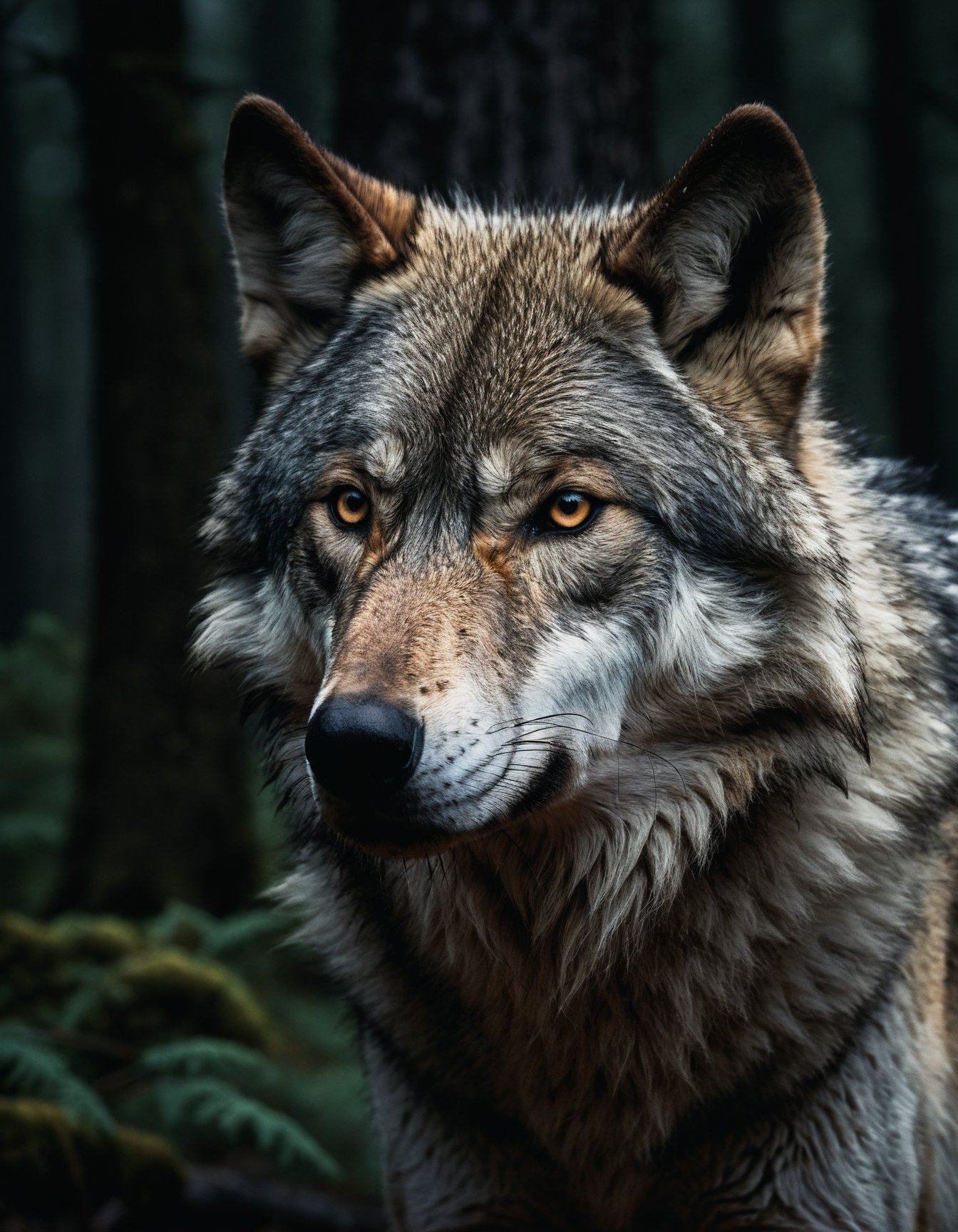 closeup award winning photo of wolf, perfect environment, extremely detailed, dark shot