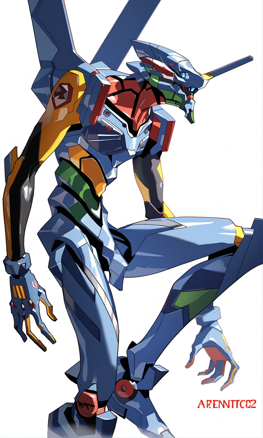 score_9, score_8_up, score_7_up, score_6_up, <lora:jijia-pony-Tanger-000006:0.8>, jijia, 2d, anime, neon genesis evangelion, robot, no humans, mecha, white background, solo, science fiction, standing, looking ahead, blue eyes,a drawing of a futuristic robot standing on one leg,a photo of a robot in a strange outfit