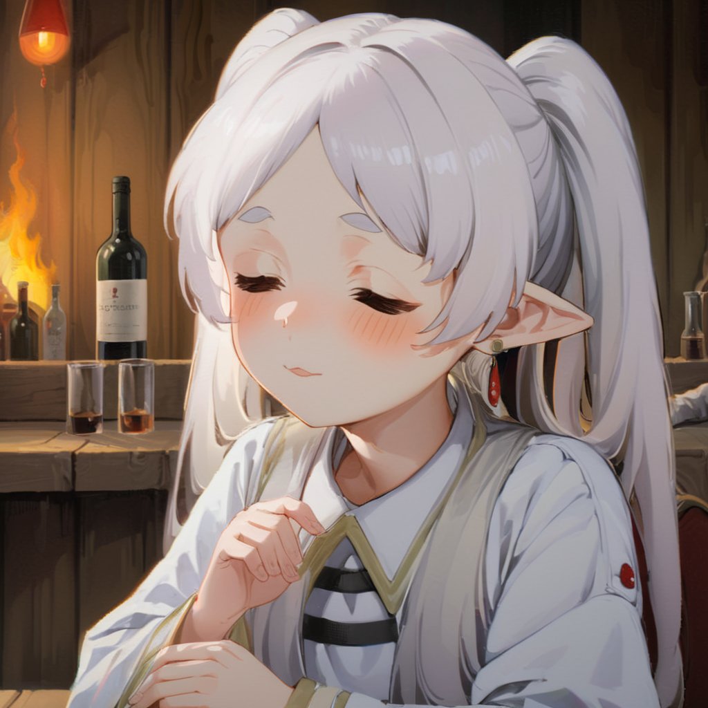 Digital art, masterpiece A detailed and cinematic wallpaper, closeup a girl frieren with (owoface:2) sitting in a tavern eyes closed, silver hair with twintails<lora:frieren_xl_2-000012:1>