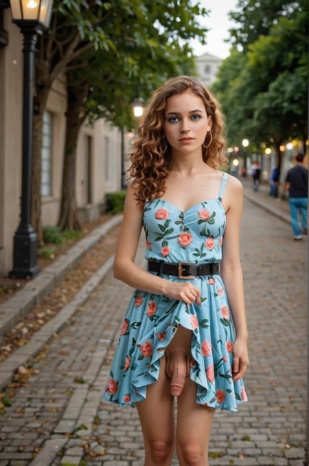 (photo),Midshot, young woman, dusk setting, outdoor, floral dress, black belt, standing, background, street lights, tree-lined pathway, medium shot, contemplative expression, curly hair, natural makeup, hoop earrings, warm color tone, , depth of field, fashionable attire, , dusk lighting, (freckles:0.5), (futa girl, flaccid penis) ,(lift up skirt))