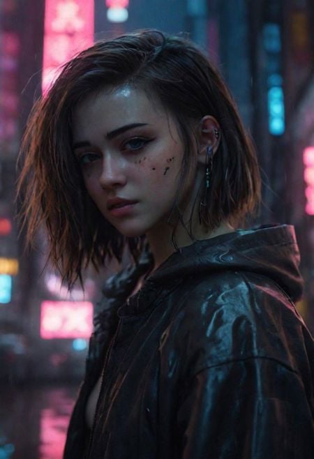 Girl in city Cyberpunk, ultrarealist,  very detailed,  8k , 35mm,  detailed face, detailed background 