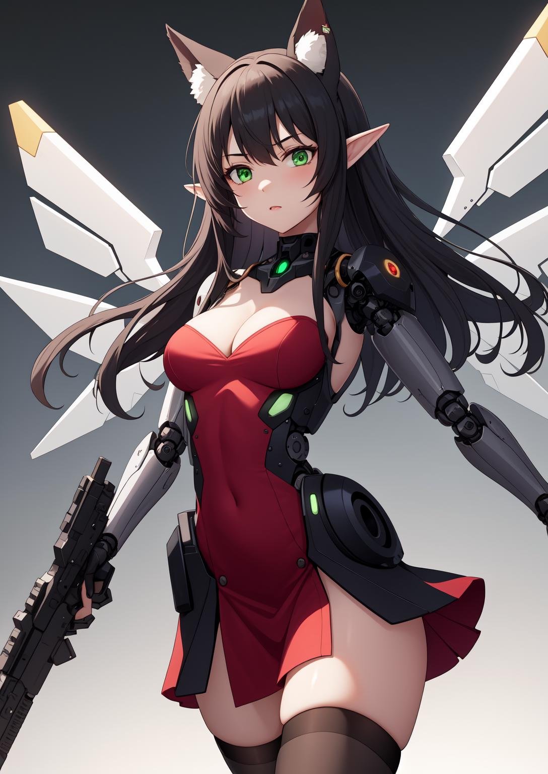 masterpiece, best quality, 1girl, black_hair, black_thighhighs, breasts, cleavage, cyber_elves, dress, green_eyes, gun, holding, holding_gun, holding_weapon, joints, mechanical_arms, mechanical_wings, medium_breasts, red_dress, robot_ears, robot_girl, robot_joints, solo, thighhighs, weapon, wings