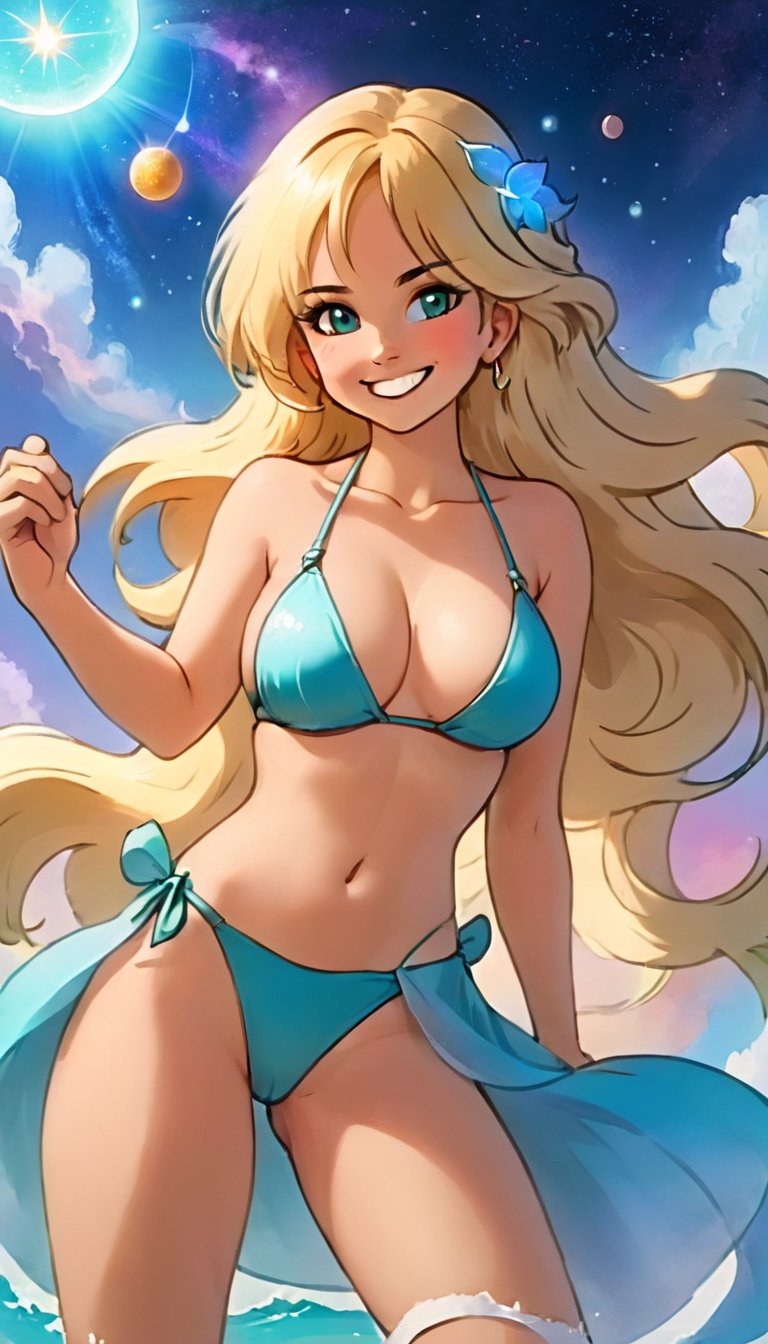 ethereal fantasy concept art of   <lora:lnchDBXL:.95>lnchdb, bikini, smiling, blonde <lora:SexyConiAIv2p:.5> sexy . magnificent, celestial, ethereal, painterly, epic, majestic, magical, fantasy art, cover art, dreamy