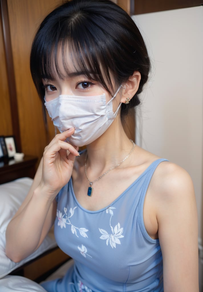 (best quality, masterpiece:1.3),1girl,jinyu.1girl,solo,big breasts,cleavage,narrow_waist,slender,pale_skin,long hair,straight_hair,(masks:1.2),(mouth_mask:1.3),china_dress,print_cheongsam,color contact lenses,mole under eye,nail_art,portrait,(stud earrings:1.2),(front view:1.2),(looking_at_viewer:1.4),(eye-contact:1.4),pendant,necklace,sweater,dress,(In Bed:1.2),The whole body, <lora:半透浅蓝色情趣旗袍风:0.8>