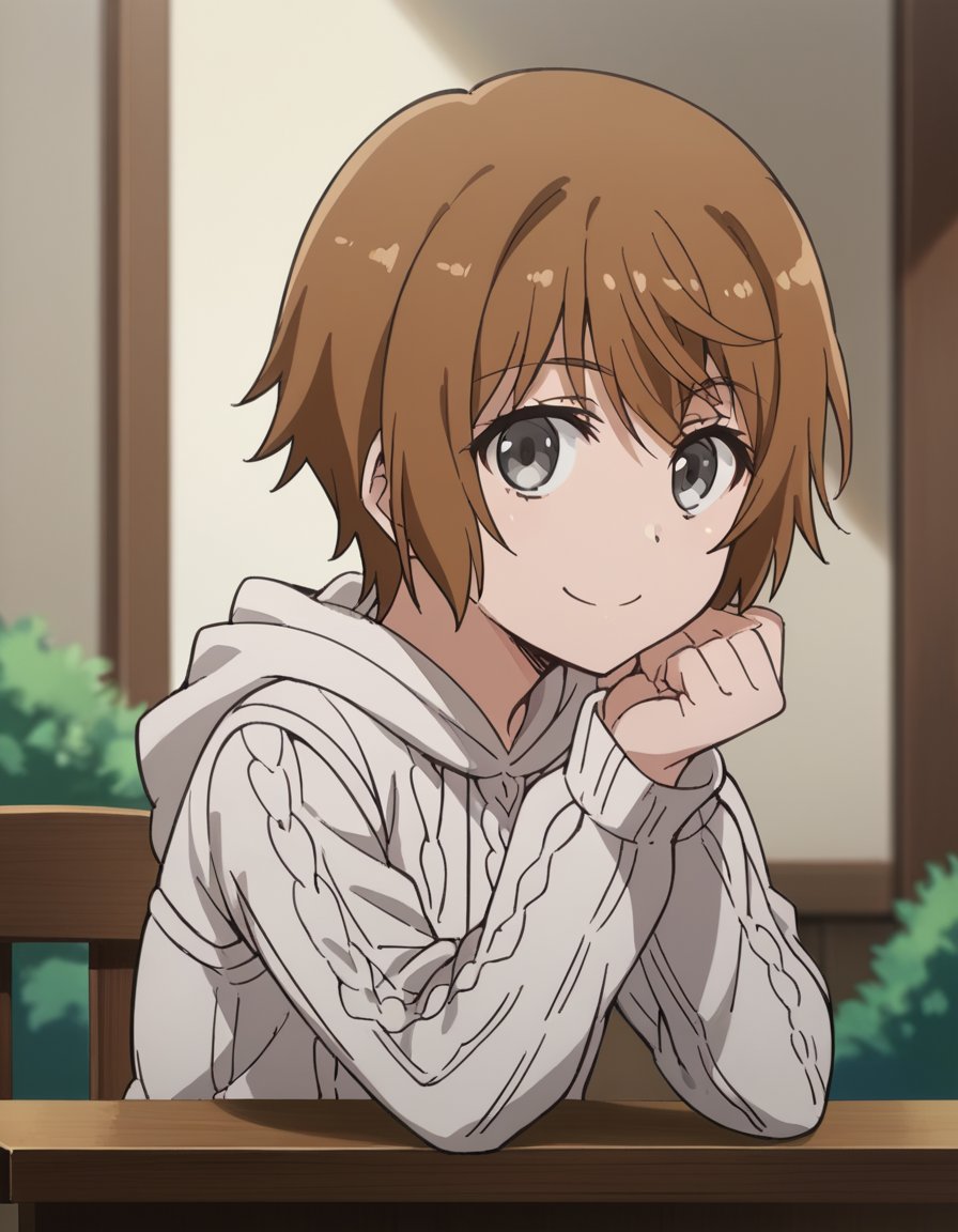 score_9, score_8_up, score_7_up, source_anime, <lora:saiai-kinuhata-s3-ponyxl-lora-nochekaiser:1>, saiai kinuhata, short hair, brown hair, grey eyes,, hood, sweater, hoodie,, indoors, smile, looking at viewer, solo, sitting, head rest, table,, cowboy shot, dutch angle