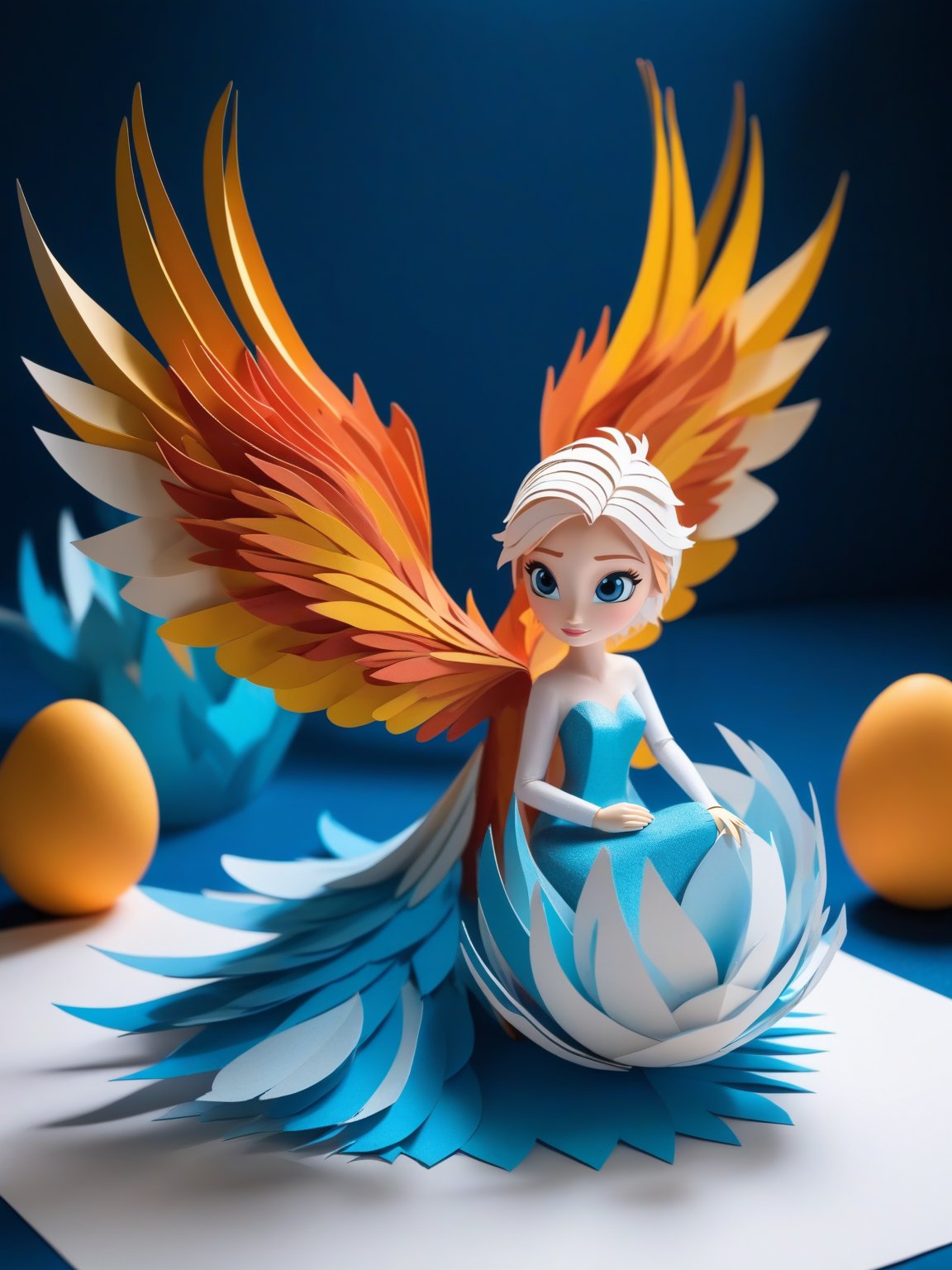 (Paper Art:1.3) 3D Masterpiece,frozen magic phoenix laying eggs,chibi,ray tracing,offical art,