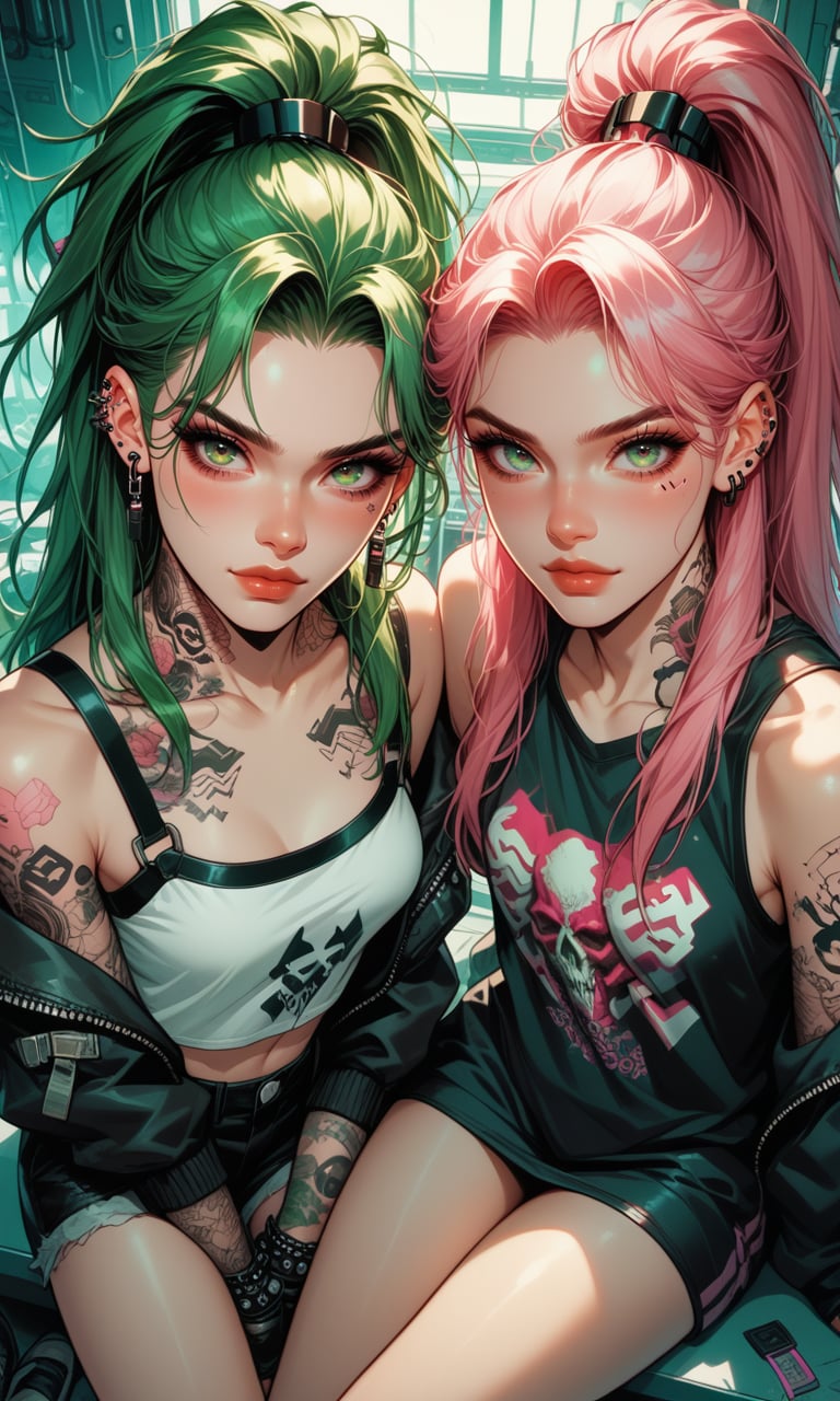 score_9, score_8_up, score_7_up, 2girls, looking at viewer, dark lighting, long hair, punk, tattoo, high ponytail, cyberpunk environment, pink hair, green hair, sitting in a mess room, view from above, monsters, cute face <lora:MarvelFboi1.3:1>