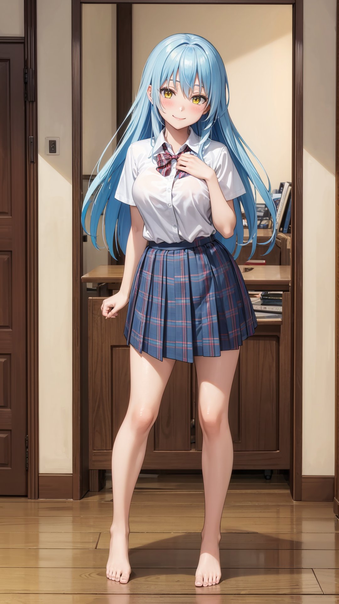 (masterpiece, best quality), ray tracing, absurdres, HDR, 1girl, , , bangs, rimuru tempest, blue hair, , yellow eyes, breasts, ,, long hair , , blush, shirt, school uniform, plaid skirt, ,, , hair between eyes,, , solo,indoors, liviroom, standing , ,, barefoot, looking at viewer, blush,smile,,,,full body,<lora:rimuru famale:0.7>