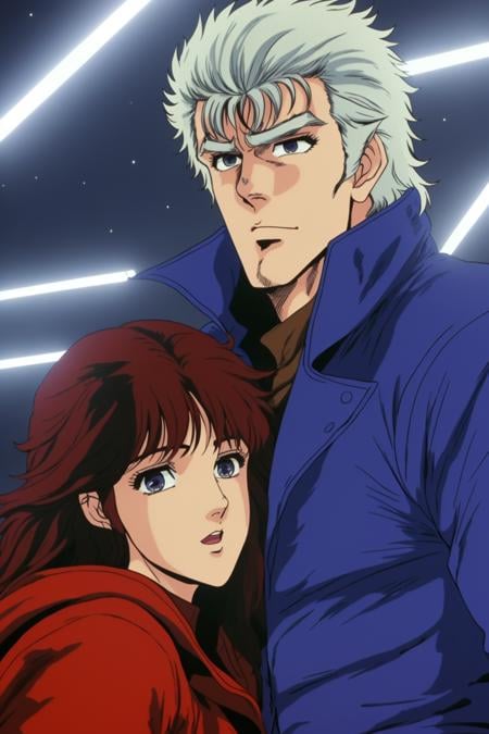 closeup of a man and a woman wearing a winter coat at night HNKstyle looking at the camera<lora:HNKstyle-000001:0.8>