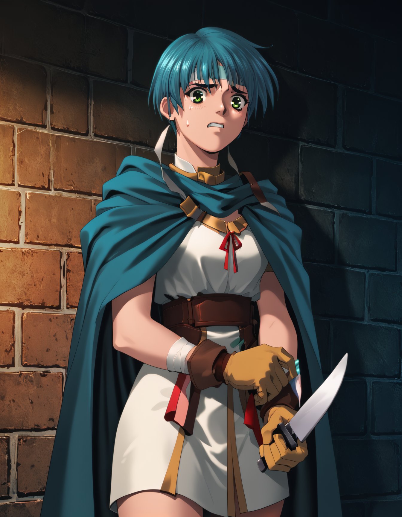 score_9,  score_8_up, score_7_up <lora:epo-ponyxl-000040:1> wwepo, blue hair, green eyes, (headband:0.5), fashion,brick wall, dungeon, fantasy, holding knife, nervous, sweat