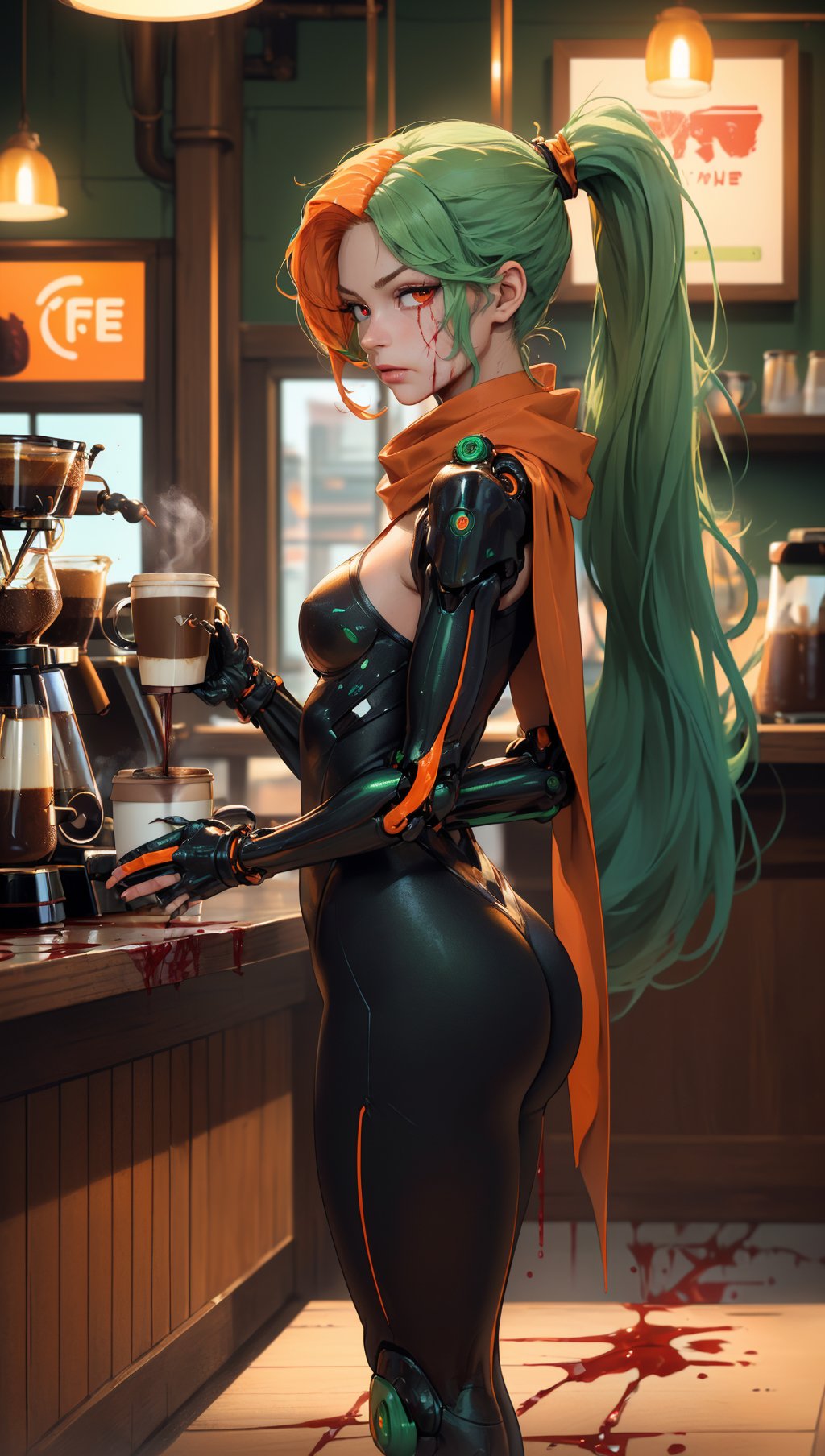 masterpiece,best quality,1girl,bodysuit,full body,gorgeous ((((Absurdly Long Hair, Short Ponytail, Split-color Hair, Light Green Hair, Orange Hair)))),(((red eyes))),makeup,cat eyelashes,tall body,tattoo on her right calf,(((From Side, Looking At Viewer, Disgust, Narrowed eyes))),(((crowed Coffee shop))),(((blood vessels connected to tubes))),mechanical arms,medium breasts,red scarf,science fiction,solo,standing,finely detailed skin,eyelines,Instagram most viewed,official wallpaper,((ultra-photorealistic)),(((holding a hot cup of coffee))),<lora:nijiMecha:0.5>,