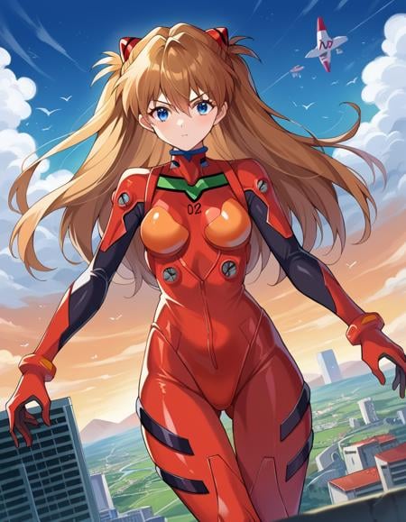 score_9, score_8_up, score_7_up, source_anime, asukalangley, <lora:asuka-langley-soryuu-ponyxl-lora-nochekaiser:1>, asuka langley soryu, long hair, bangs, blue eyes, brown hair, hair ornament, mature female, bodysuit, pilot suit, plugsuit, red bodysuit, interface headset, outdoors, cityscape, sky, clouds, sun, looking at viewer, cowboy shot, dutch angle, dynamic pose,