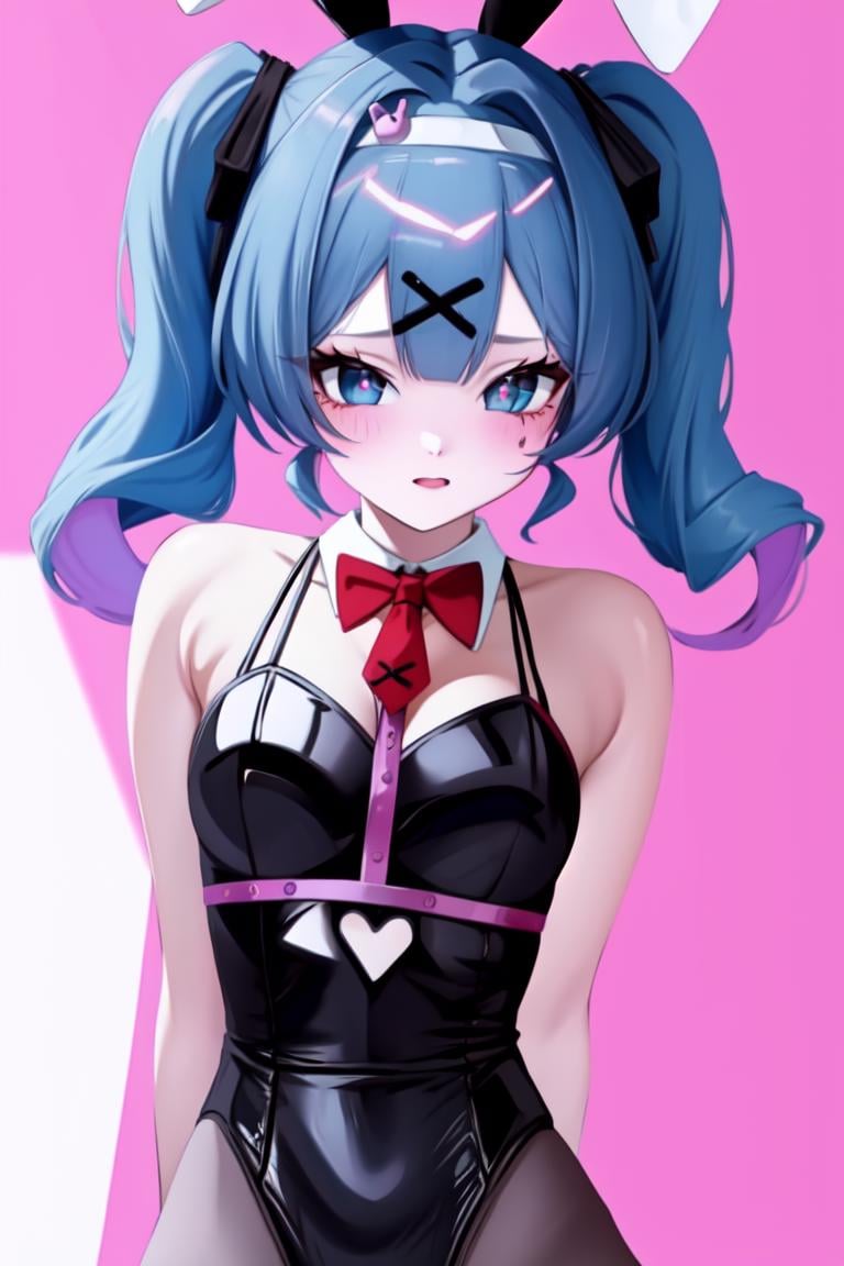 <lora:BunnyMiku:1> hatsune miku, hair ornament, blue hair, rabbit ears, playboy bunny, twintails, bangs, leotard, blue eyes, x hair ornament, detached collar, pink background, simple background,, (masterpiece, best quality, high quality, highres, ultra-detailed)